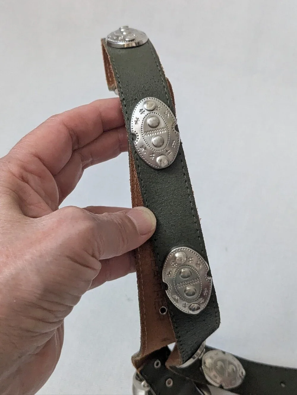 Axcess Dark Green Genuine Leather Belt Western-Style Silver Conchos